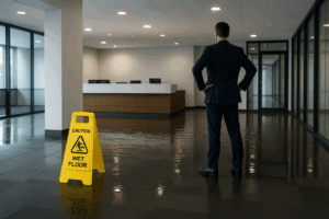 A man in a business suit stands in a flooded office lobby with a "Caution Wet Floor" sign in the foreground.