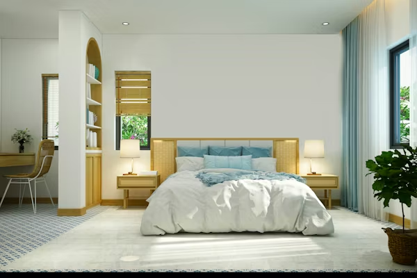 Stylish bedroom layout with detailed flooring transitions, illustrating complex installation costs.
