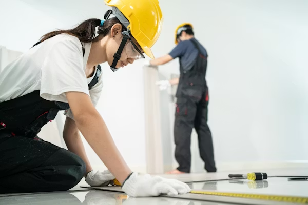 A female contractor working on laying commercial flooring in a building.