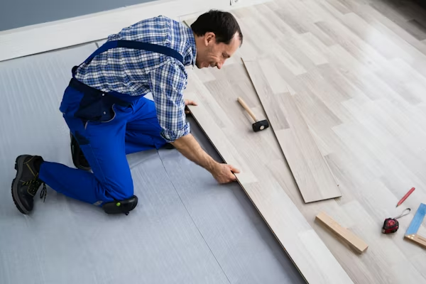 A man installs wood flooring, showcasing the work of Right Commercial Flooring Contractor.